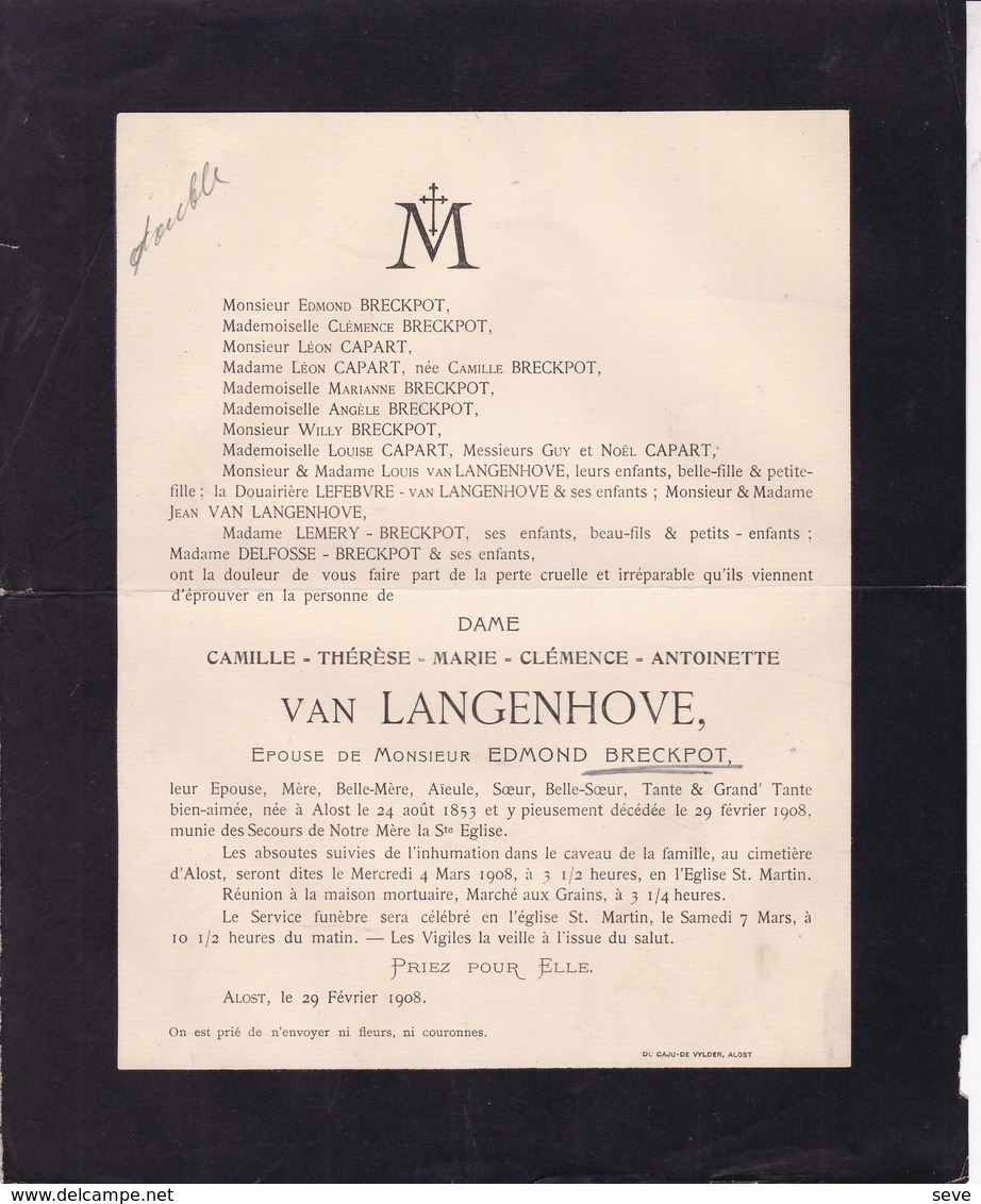 ALOST AALST  Camille Van LANGENHOVE épouse Edmond BRECKPOT 1853-1908 - Avvisi Di Necrologio