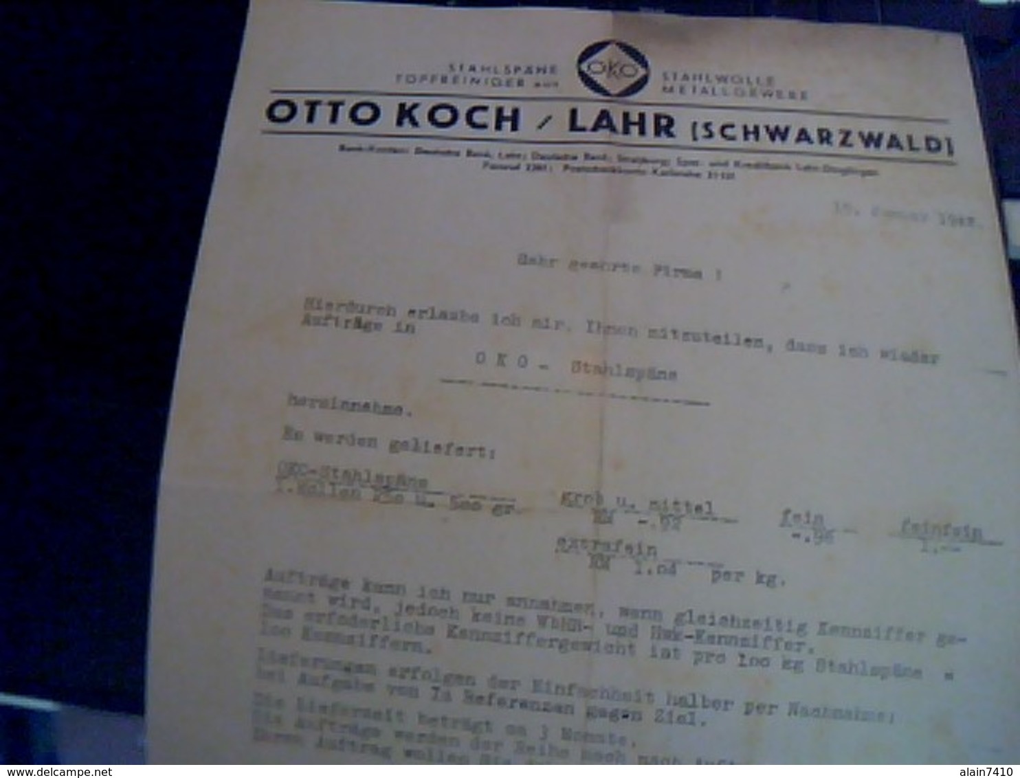 Facture Allemande De 1942 Otto Koch /lahr Schwarzwald  Ecrite En Allemand Lettre A Entete (reich Alleman) - 1900 – 1949