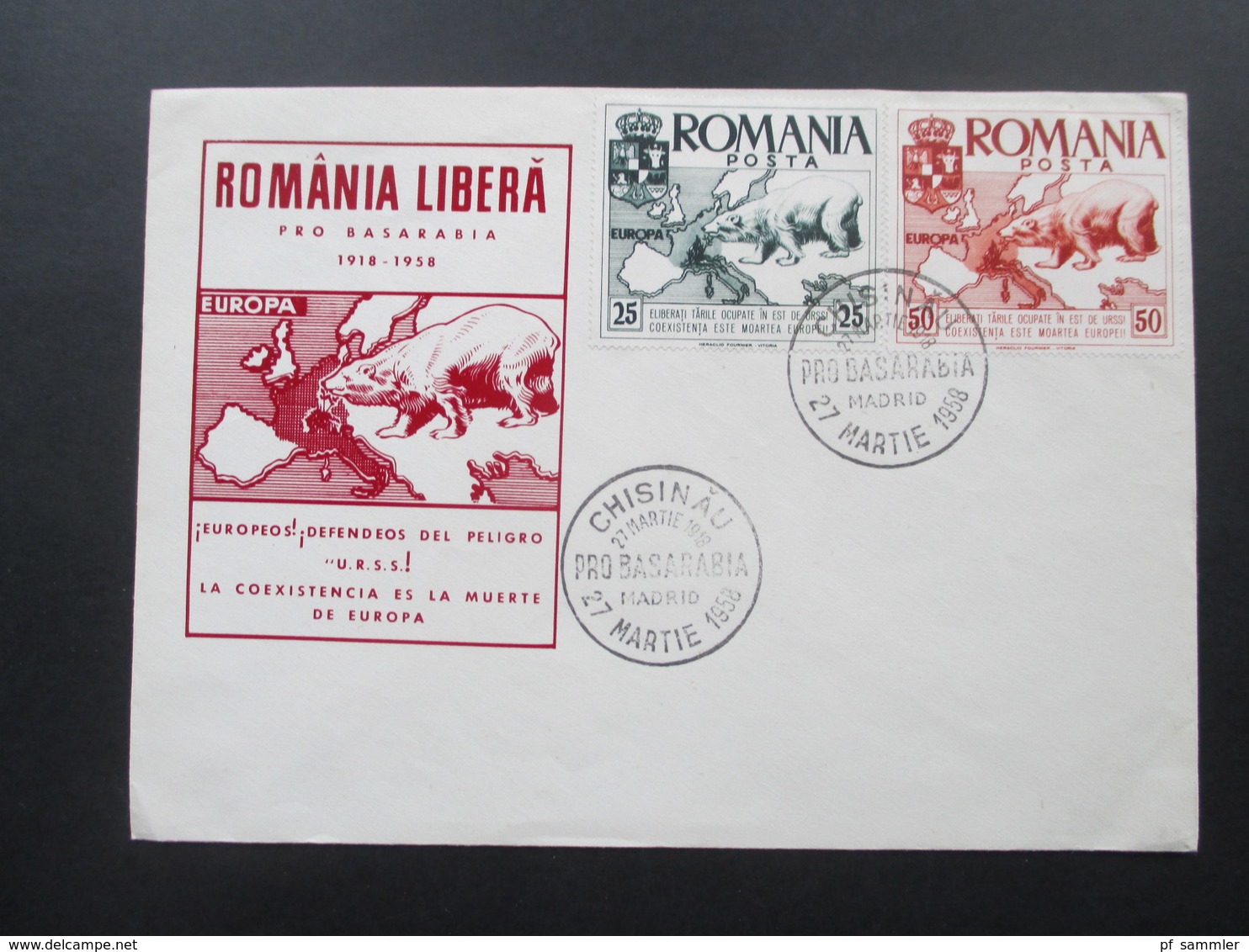 Rumänien 1958 Romania Libera Eisbär / Polar Bear. Chisinau Pro Basarabia. FDC. Dallay. Europa - Storia Postale