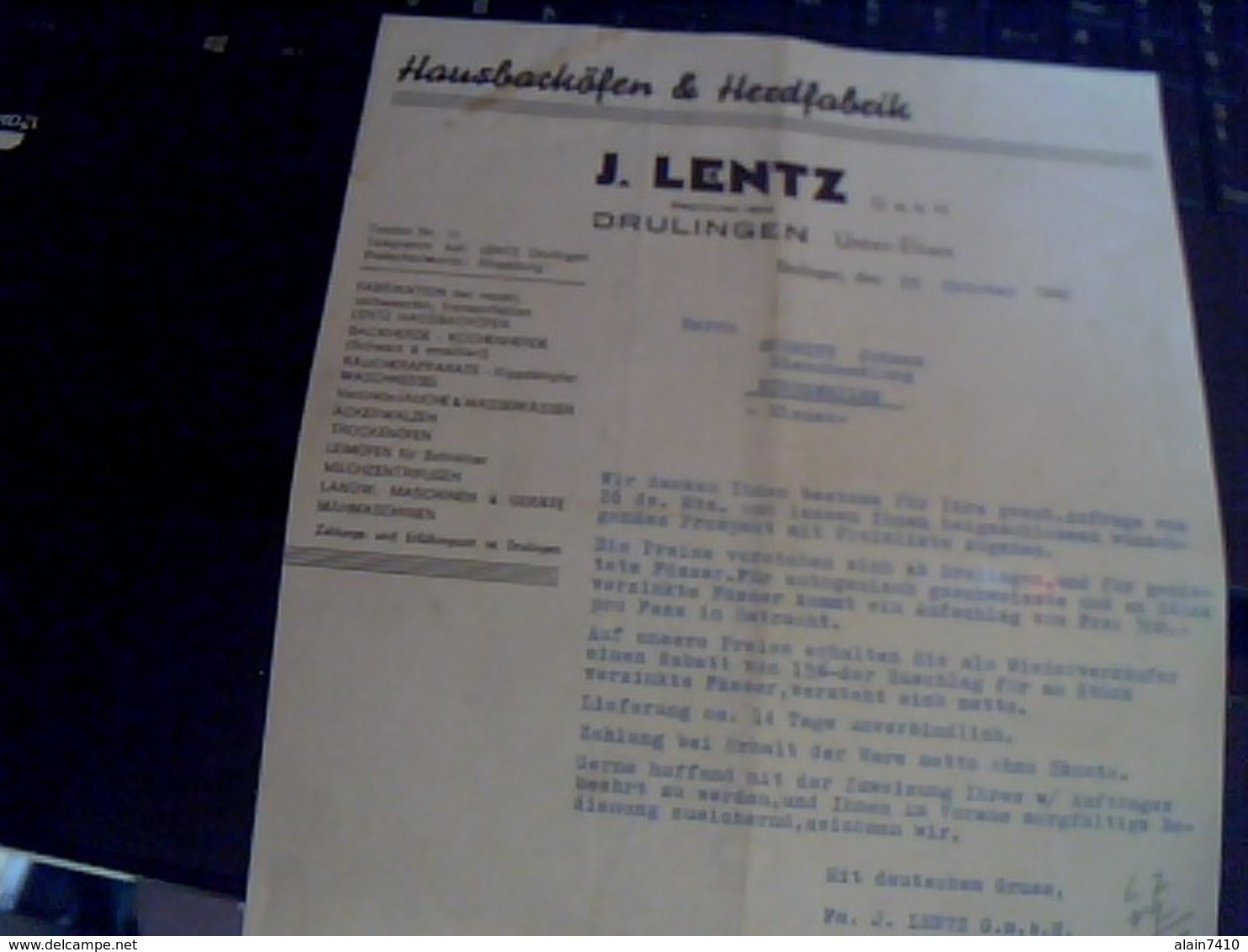 Facture  De 1940 Hausbackolfen Et Hexdfabrick  J. Lentz A Drulingen Bas Rhin Ecrite En Allemand Lettre A Entete - 1900 – 1949