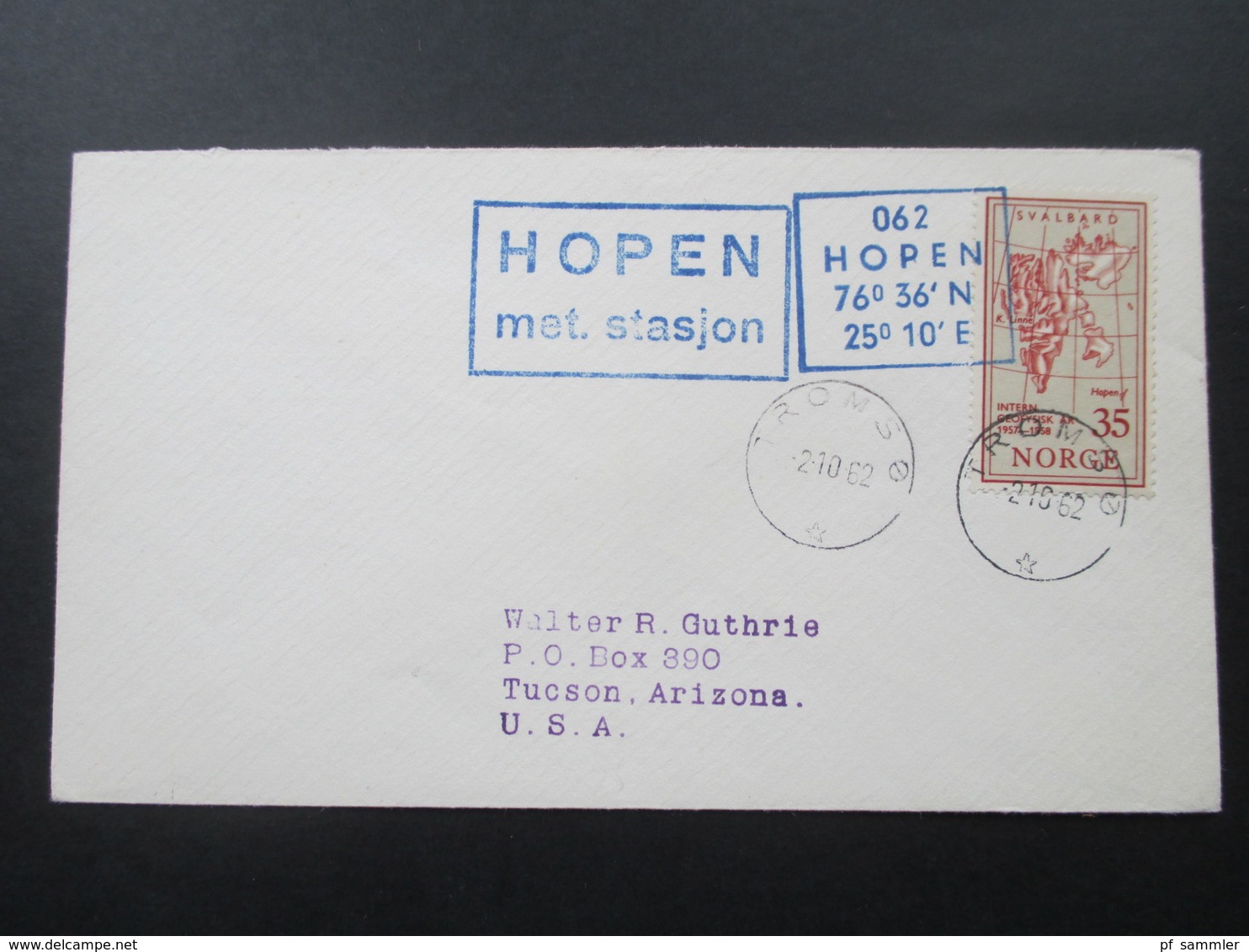 Norwegen 1962 Hopen Met. Stasjon Stempel Tromso Nach Tucson Arizona - Sonstige & Ohne Zuordnung