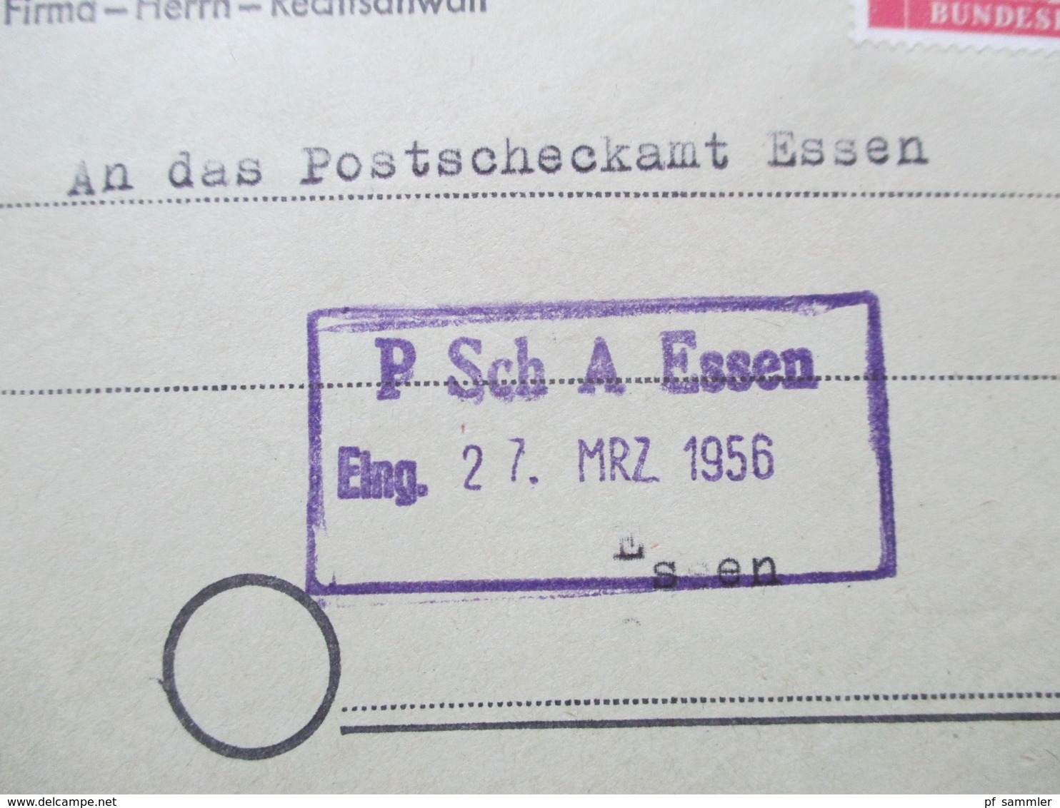 BRD 1956 Heuss I MiF Vordruck Zur Zustellungsurkunde An Das Postscheckamt Essen. Mit Zeitangabe. - Briefe U. Dokumente