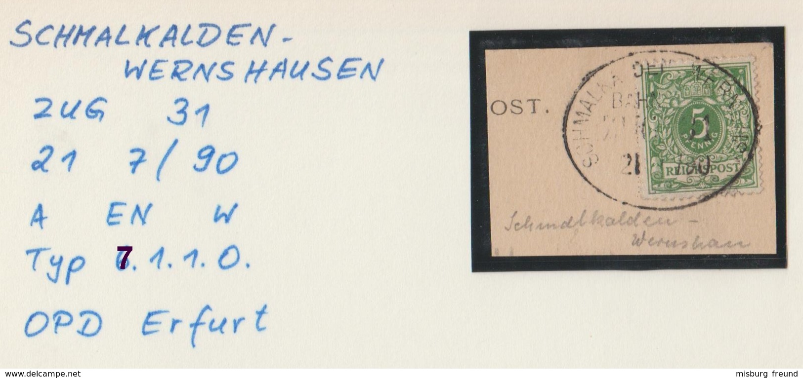 4 124 Briefstück Bahnpost "SCHMALKALDEN-WERNSHAUSEN" ZUG 31 V. 21.7.1890 - Gebraucht