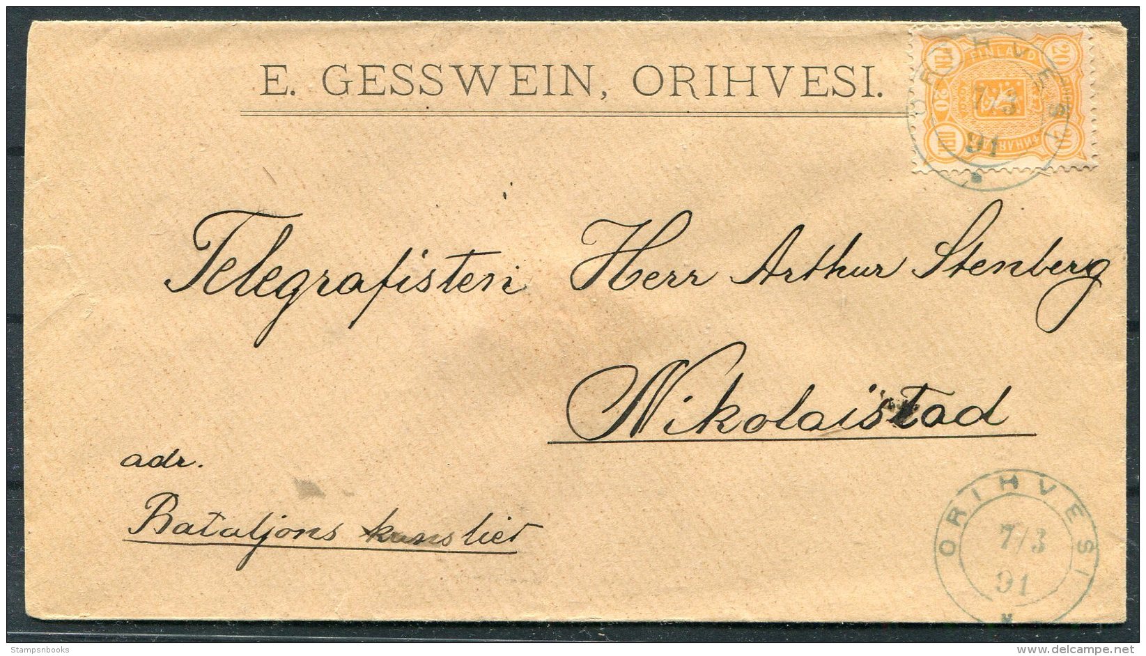 1891 Finland Gesswein Cover Orihvesi - Nikolaistad - Covers & Documents