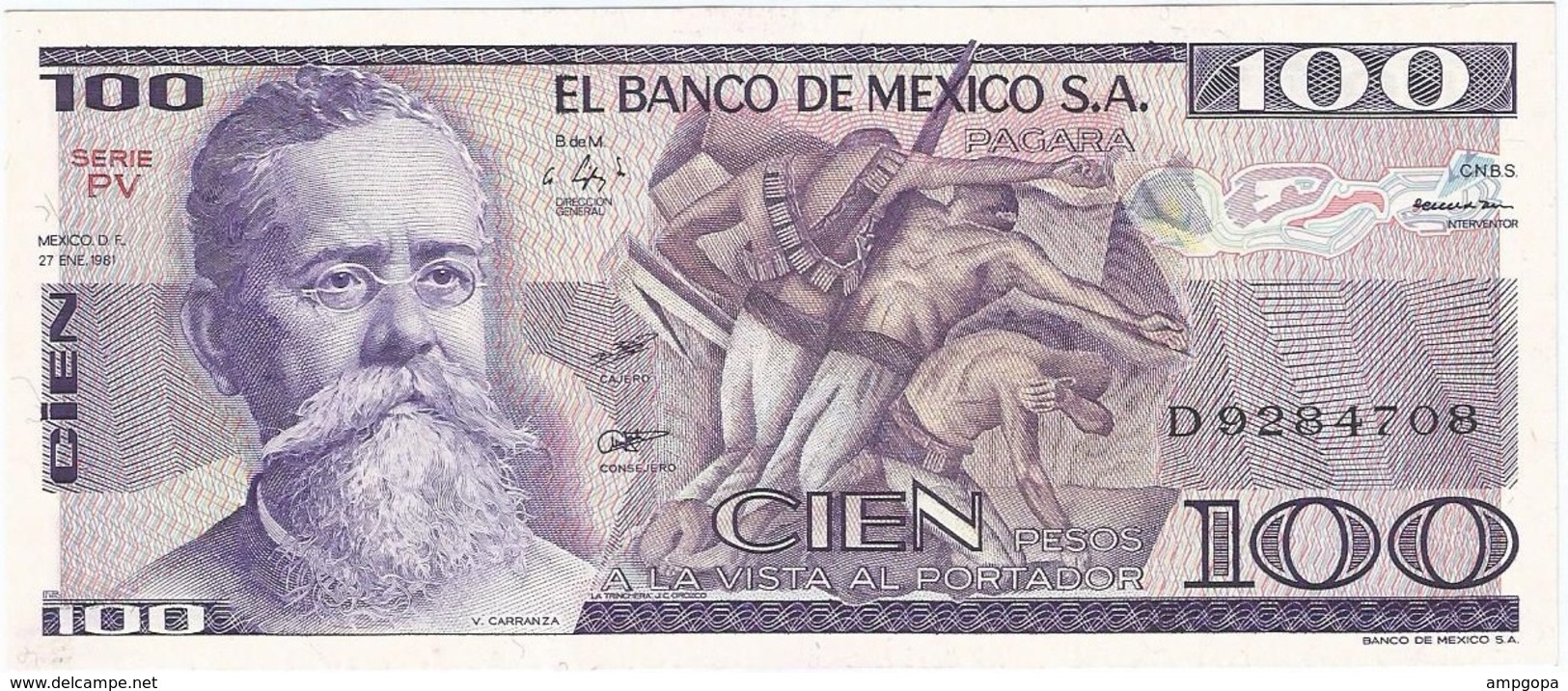 México 100 Pesos 27-1-1981 PV Pick 74.a UNC - Mexico