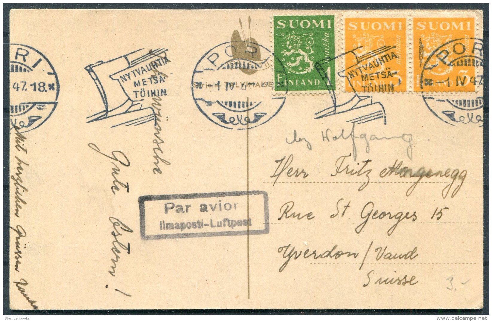 1947 Finland Postcard Pori Flugpost Luftpost - Switzerland - Covers & Documents