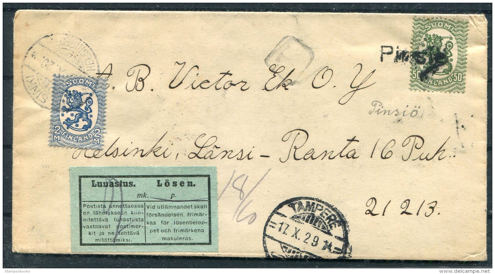 1929 Finland Pinsio Linear, Tampere Helsinki Losen, Postage Due, Taxe Cover - Covers & Documents