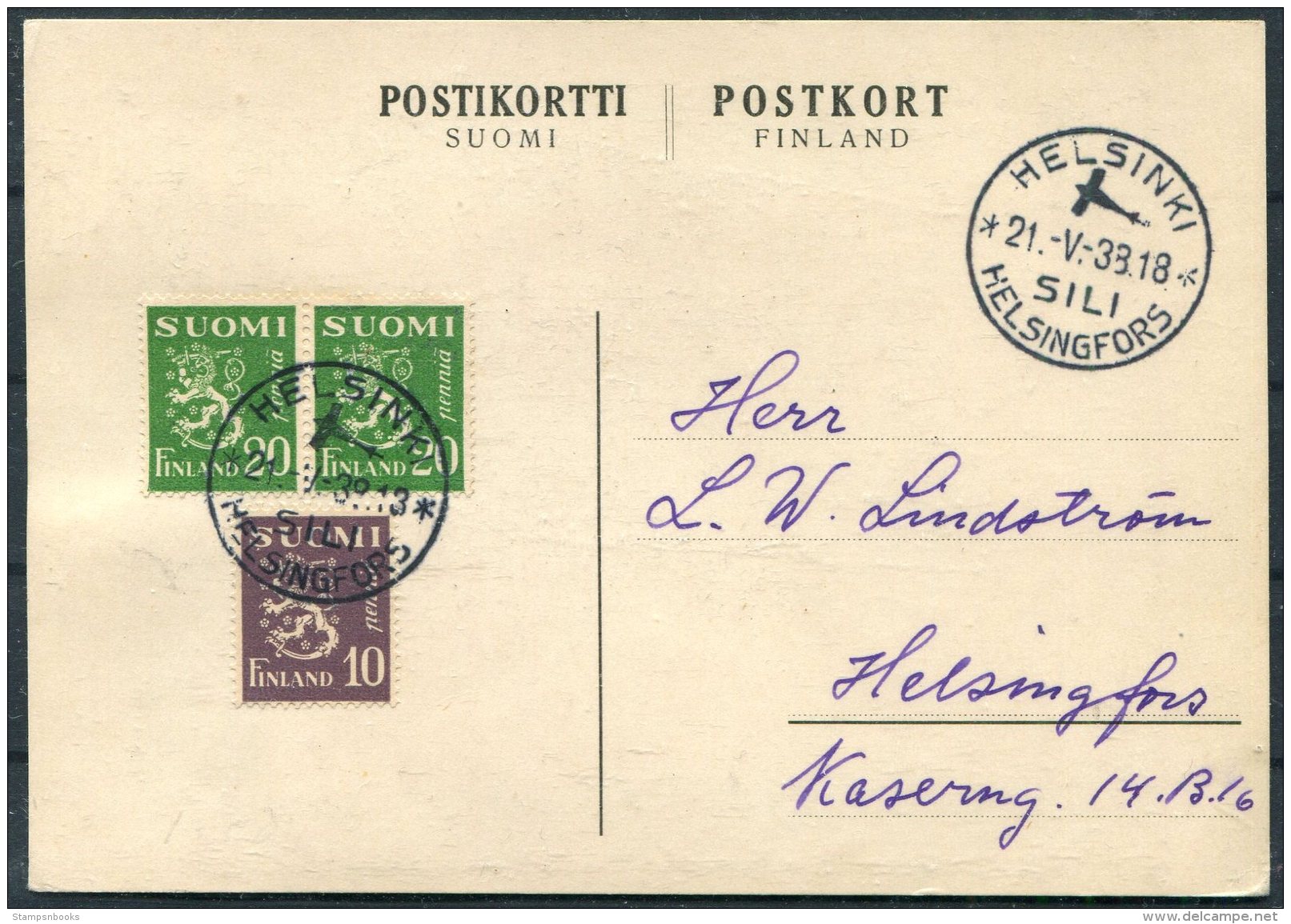 1938 Finland Helsinki / Helsingfors SILI Luftpost Airmail Postcard - Covers & Documents