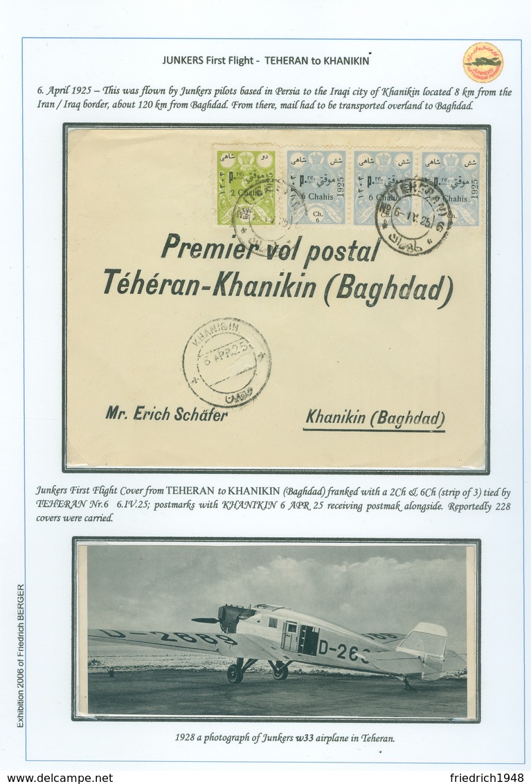 PERSIA - IRAN 1925; Exhibition Sheet With Multifranked Printed Cover; JUNKERS First Flight TEHERAN To BAGHDAD - Iran