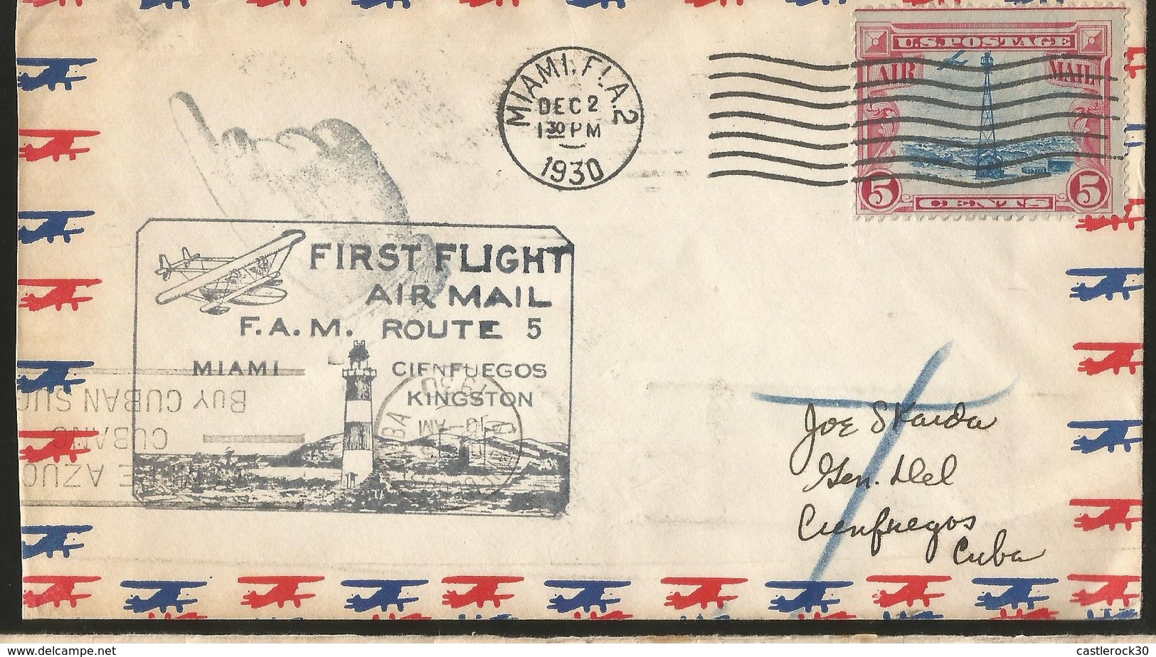 M) 1930 USA, HEADLIGHT SEAL, AIRCRAFT CONTOUR, BLUE AND RED, AIR MAIL, CIRCULATED COVER FROM USA TO CARIBBEAN. - Other & Unclassified