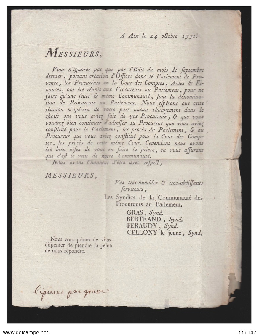FRANCE -- 1771 -- LETTRE D'AIX POUR CIPIERES PAR GRASSE -- COURRIER ADMINISTRATIF -- - 1701-1800: Vorläufer XVIII