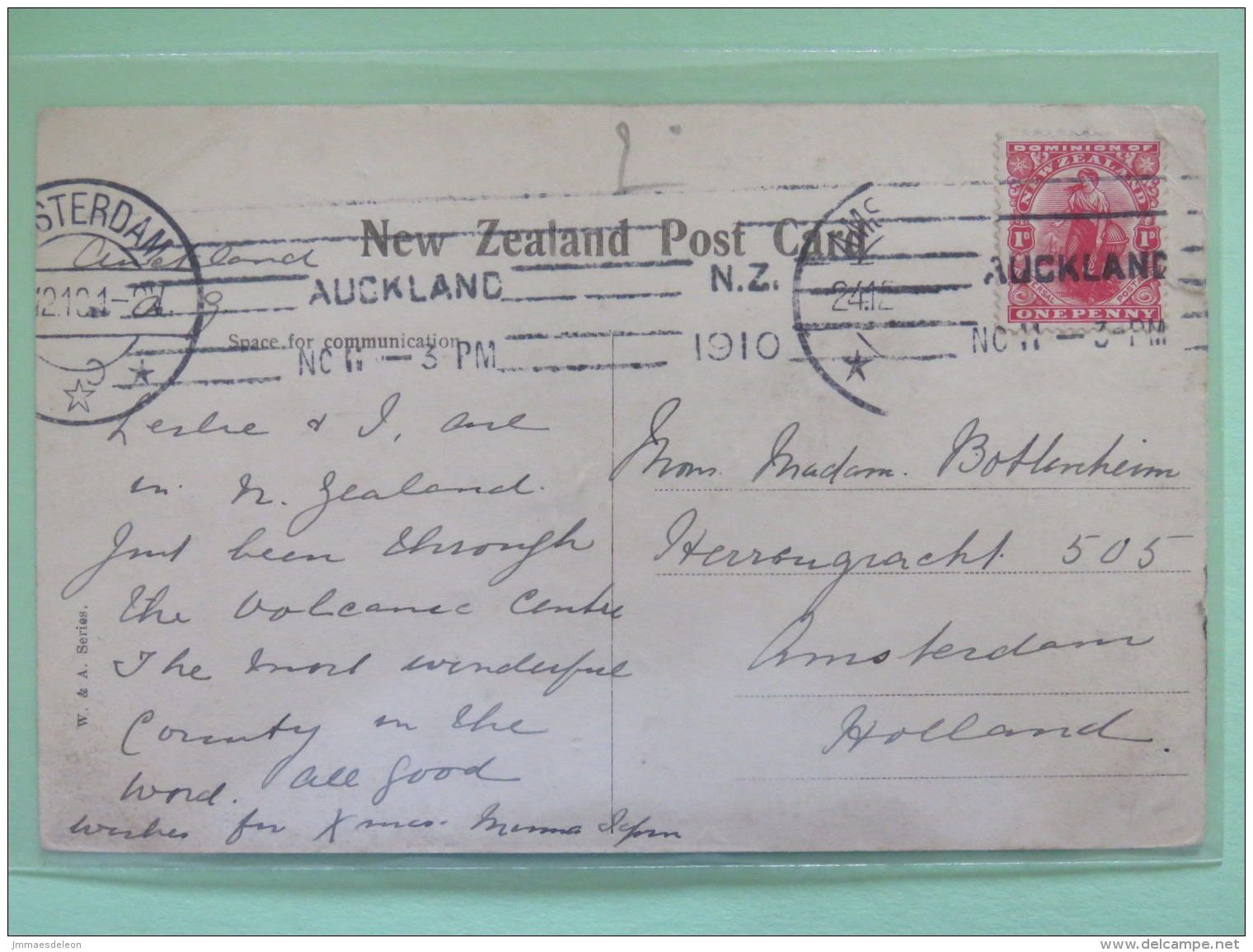 New Zealand 1910 Postcard ""Blue Lake Tikitapu - Rotorua"" Auckland To Holland - Commerce - Storia Postale