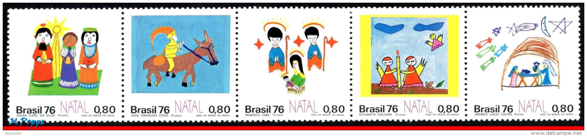 Ref. BR-1479-83 BRAZIL 1976 CHRISTMAS, CHILDREN'S DRAWINGS,, RELIGION, MI# 1564-68, SET MNH 5V Sc# 1479-1483 - Christianity