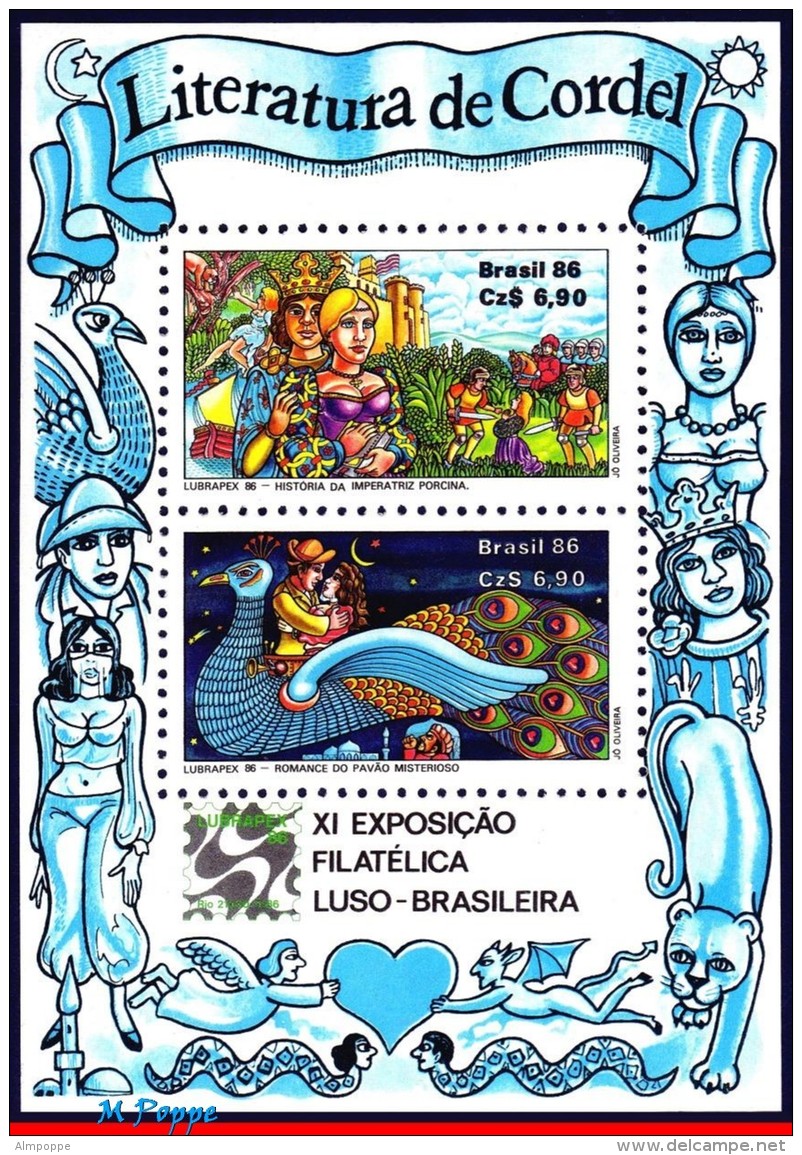 Ref. BR-2087-88A BRAZIL 1986 FOLKLORE, LUBRAPEX, CORDEL FOLK, TALES, THEATER, SET AND S/S MNH 4V Sc# 2087-2088A - Neufs