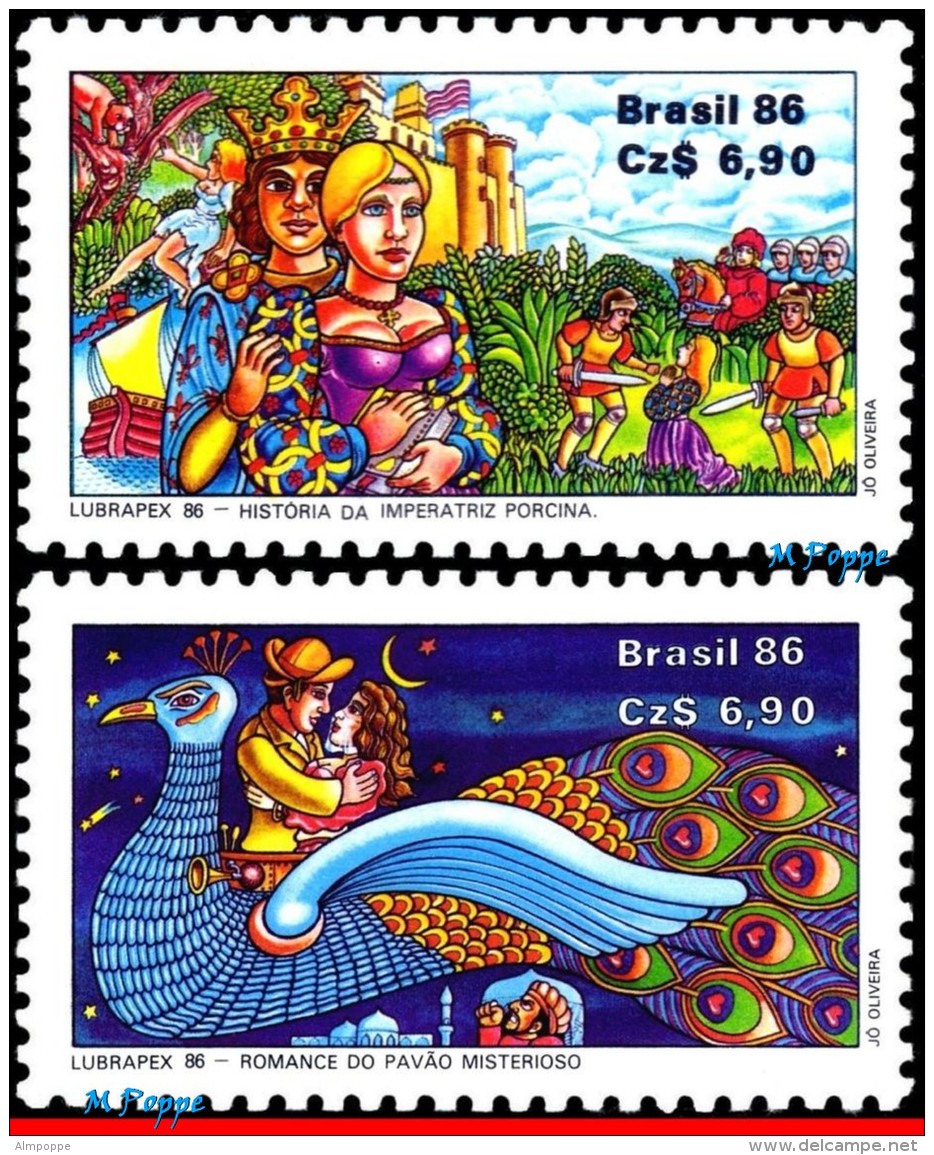 Ref. BR-2087-88A BRAZIL 1986 FOLKLORE, LUBRAPEX, CORDEL FOLK, TALES, THEATER, SET AND S/S MNH 4V Sc# 2087-2088A - Neufs