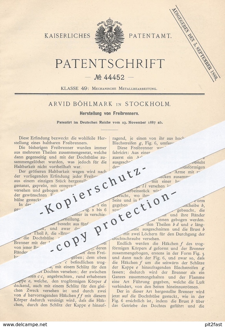 Original Patent - Arvid Böhlmark , Stockholm , Schweden , 1887 , Freibrenner | Brenner , Metall !! - Historische Dokumente