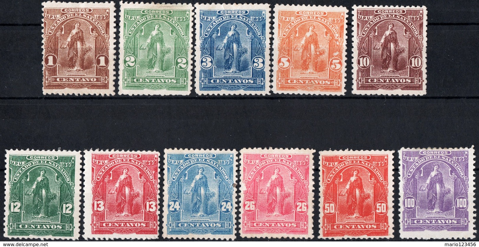 EL SALVADOR, FIGURE ALLEGORICHE, CERES, UPU, 1899, FRANCOBOLLI NUOVI (MLH*),  Michel 186 I-196 I   Scott 199-209 - El Salvador