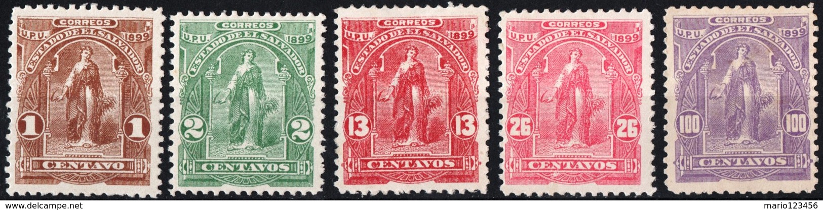 EL SALVADOR, FIGURE ALLEGORICHE, CERES, UPU, 1899, FRANCOBOLLI NUOVI (MLH*),  Scott 199,200,205,207,209 - El Salvador