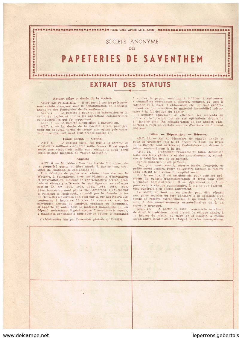 Ancienne Action - Société Anonyme Des Papeteries De Saventhem - Industrie