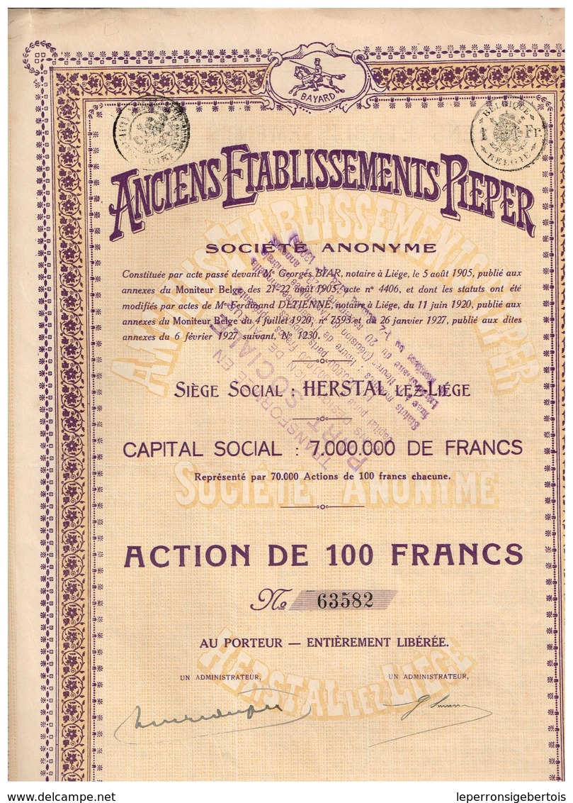 Ancienne Action - Anciens Etablissements Pieper - Titre De 1927 - Industrie