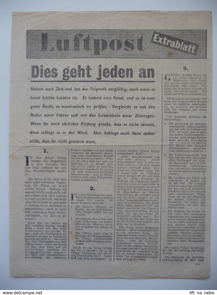 WWII WW2 Tract Flugblatt Propaganda Leaflet In German, PWE G Series/1944, G.9, Luftpost - Extrablatt (Luftpost - Extra) - Non Classés