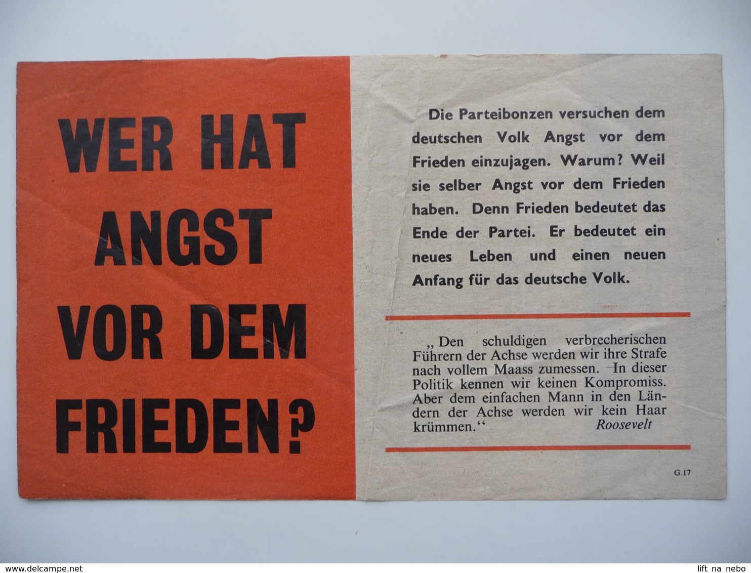 WWII WW2 Tract Flugblatt Propaganda Leaflet In German, PWE G Series/1944, G.17, OHNE DIE PARTEI KEIN KRIEG - Non Classés