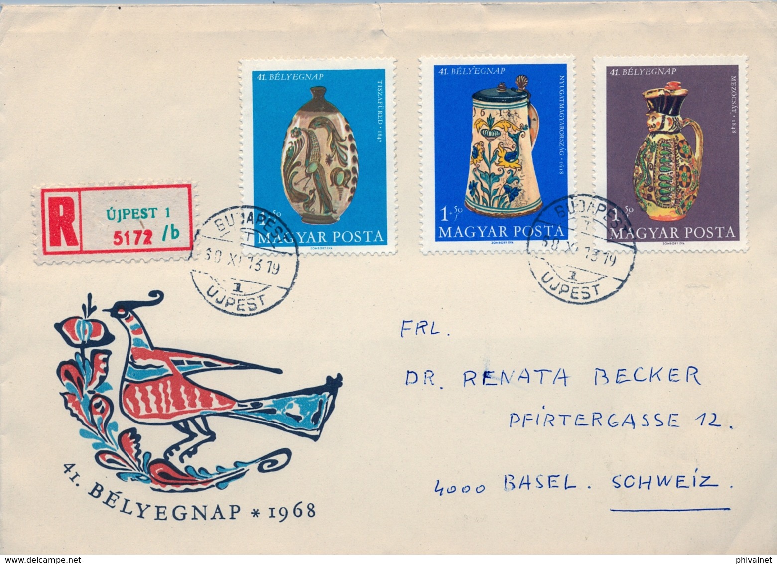 1968 , HUNGRIA , CERTIFICADO BUDAPEST / UJPEST - BASILEA , CERÁMICA , ARTE - Covers & Documents
