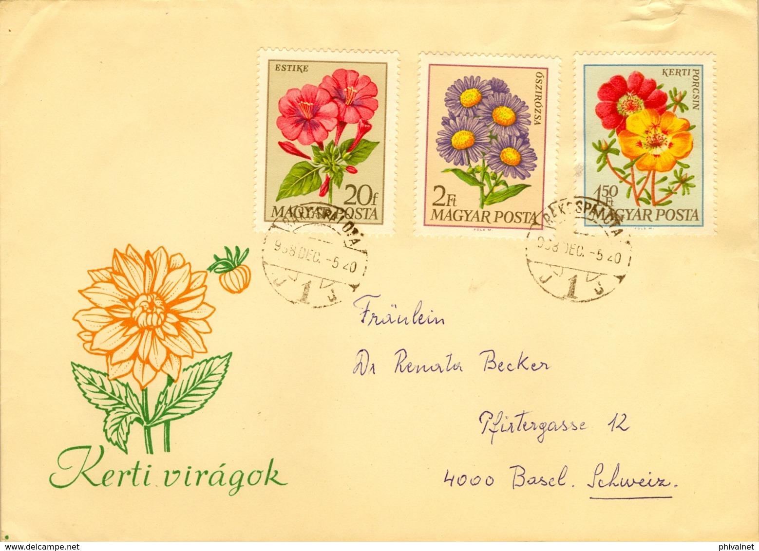 1968 , HUNGRIA , SOBRE CIRCULADO RÁKOSPALOTA - BASILEA , FLORES , FLORA - Briefe U. Dokumente