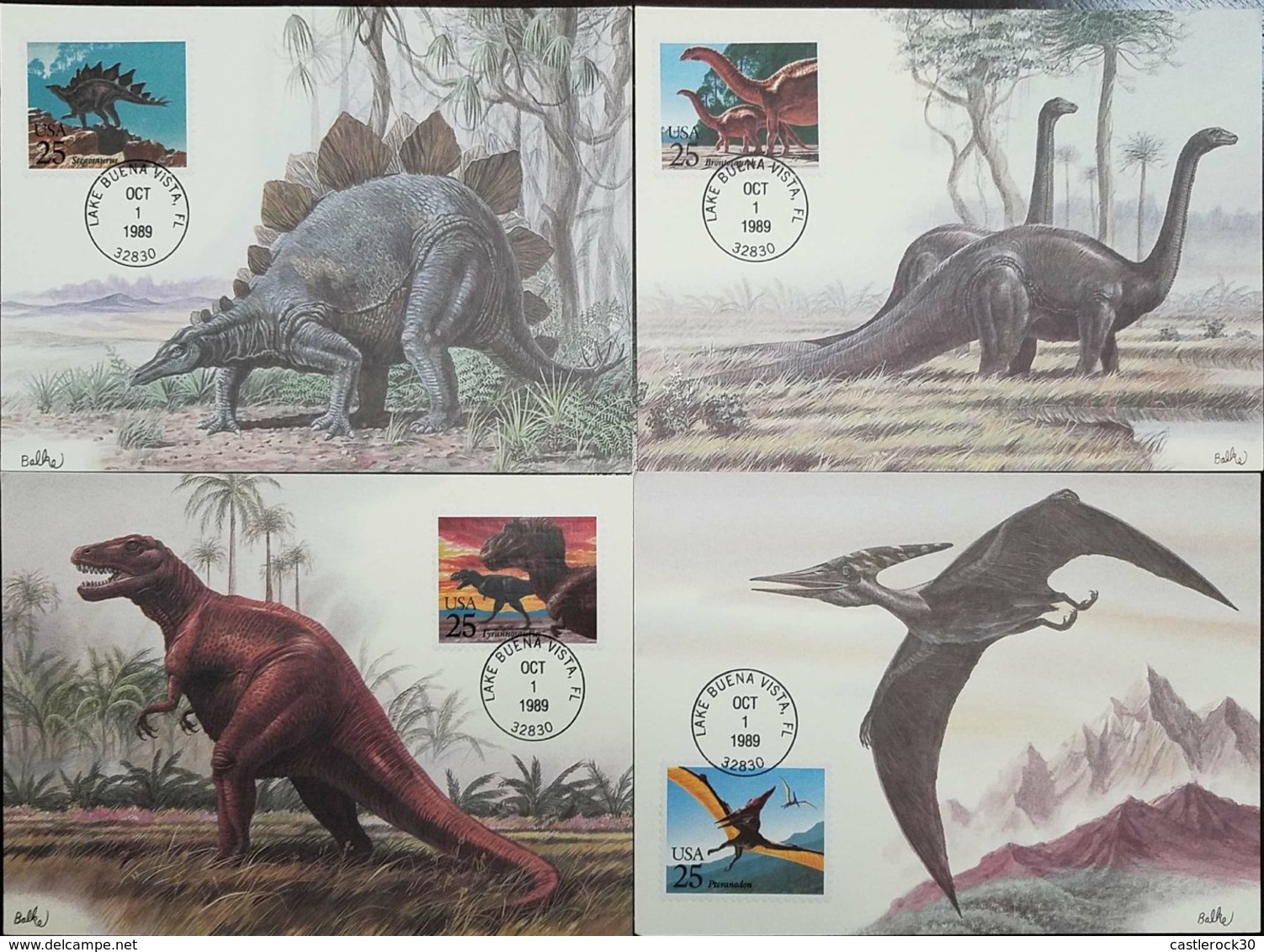 L) 1989 USA, DINOSAURS, TYRANNOSAURUS, PTERANODON, BRONTOSAURUS, STEGPSAURUS, SET OF 4, MAXIMUM CARD - Maximumkarten (MC)