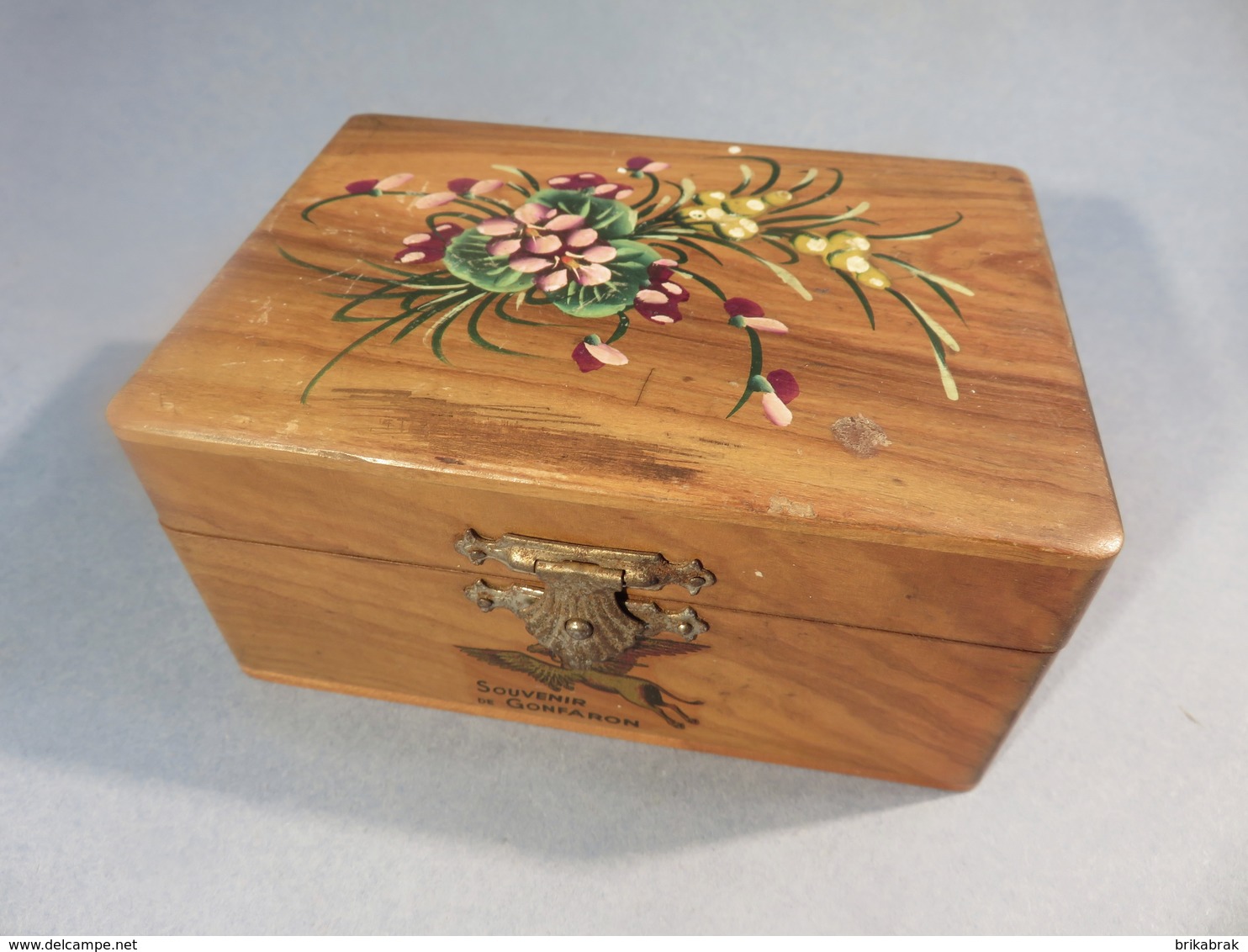 BOITE EN OLIVIER SOUVENIR DE GONFARON + Coffret Peinture Fleur Art Populaire Var Provence - Boxes