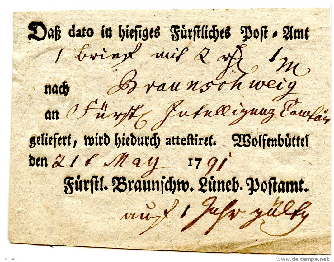 1791 WOLFENBÜTTEL, Postschein Fürstl.Braunschw.Lüneb.Postamt - Vorphilatelie