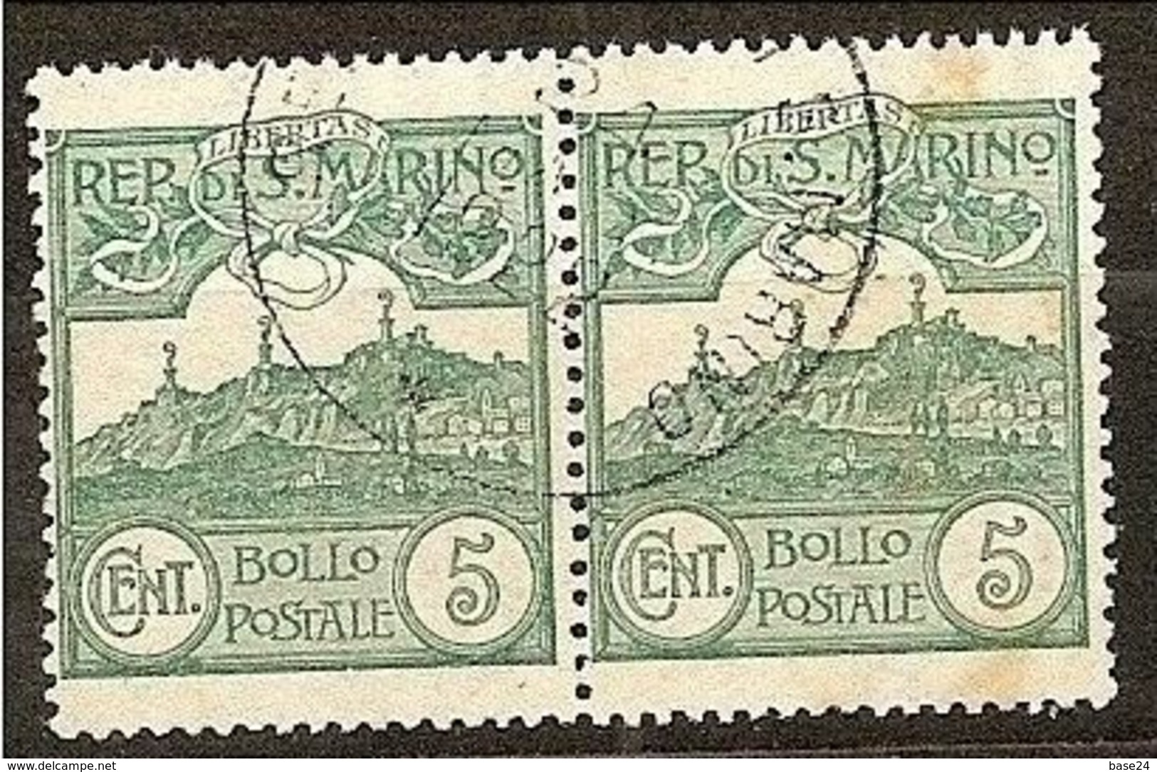 1903 San Marino Saint Marin CIFRA O VEDUTA 5c Verde (35) In Coppia Usata USED - Oblitérés