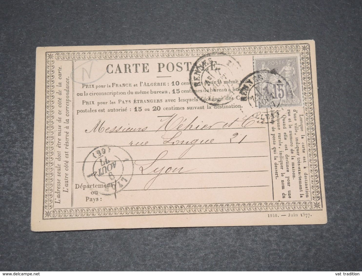 FRANCE - Carte Postale De Rennes Pour Lyon En 1877 , Affranchissement Type Sage - L 15969 - Cartes Précurseurs