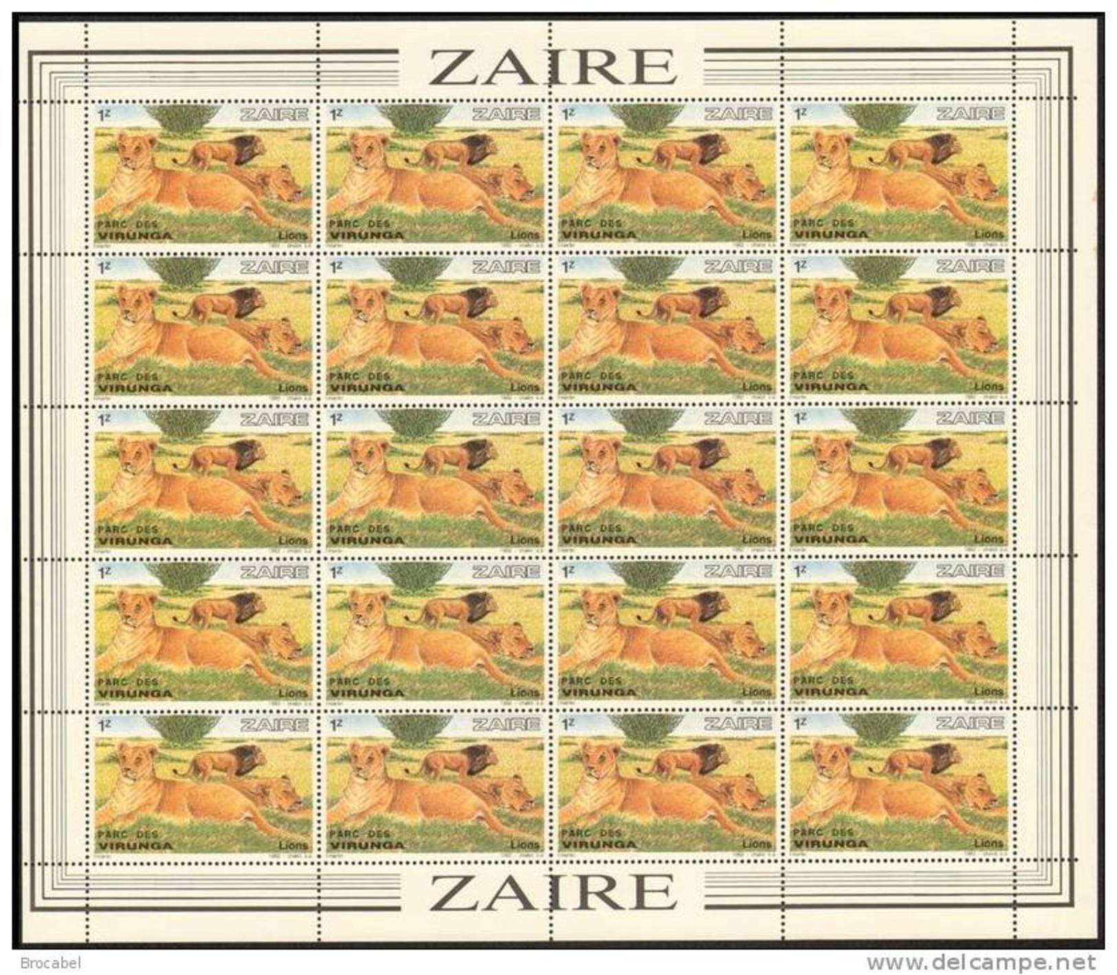 Zaire 1157** 1Z Lions - Feuille / Bogen / Sheet De 20 - Virunga - Lions - Neufs