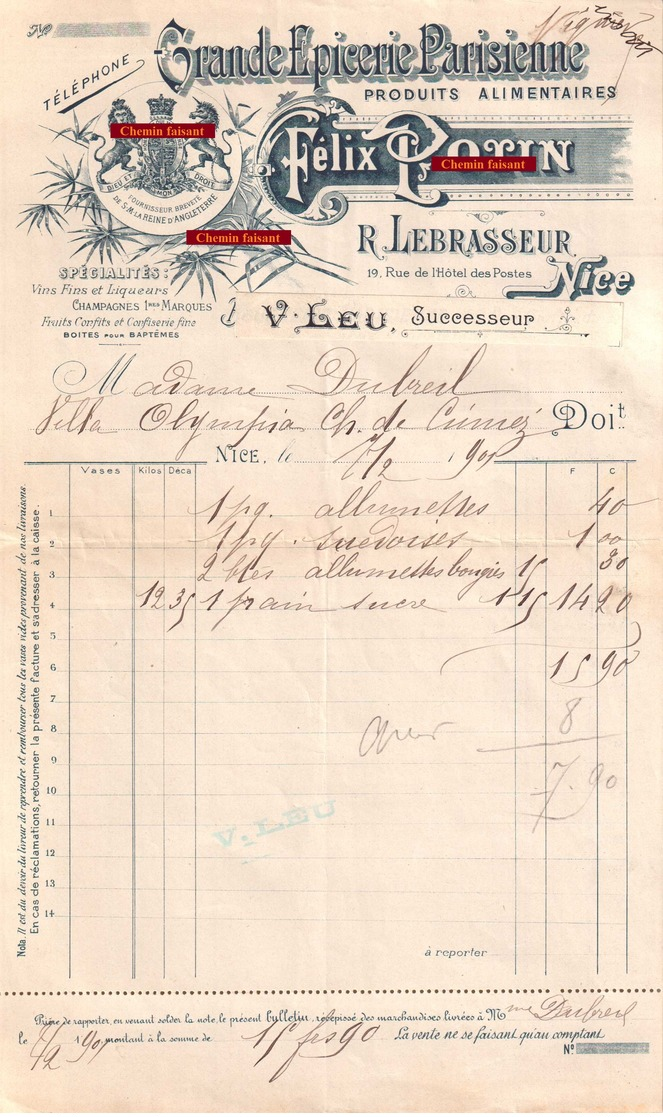 Beau Document Du 07/02/1901 LEBRASSEUR - V. LEU - FELIX POTIN - Epicerie Parisienne - Nice 06 - 1900 – 1949
