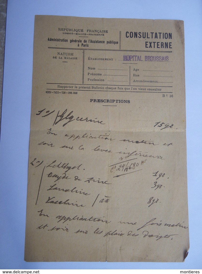 Ancienne Ordonnance Hôpital Broussais Assistance Publique Paris L' Alcoolisme Ses Dangers Absinthe - 1929 - Non Classés