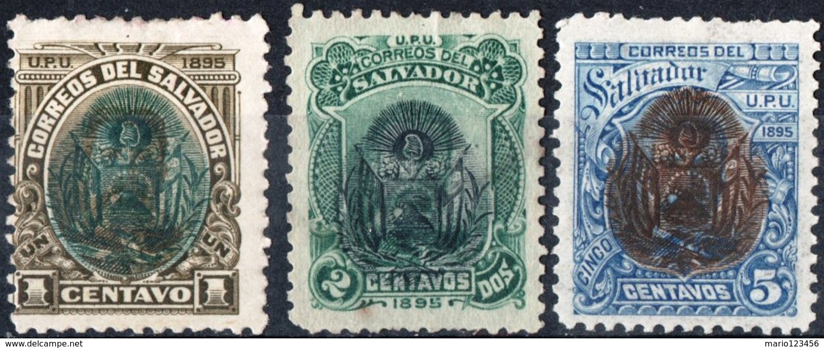 EL SALVADOR, STEMMI, COAT OF ARMS, UPU, EZETA, 1895, FRANCOBOLLI NUOVI (MLH*),  YT 91,92,94   Scott 105,106,108 - El Salvador