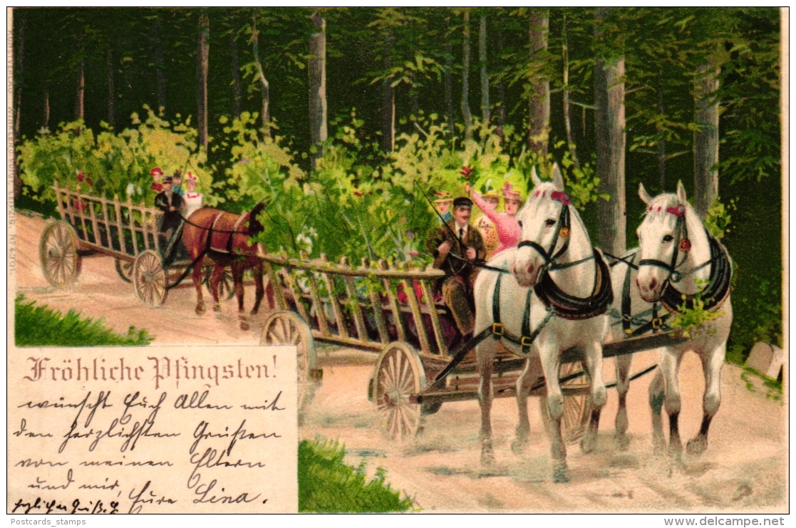 Pfingsten, Pferde, Kutschen, Fröhliche Gesellschaft, Sign. Mailick, 1900 In Apolda Versandt - Mailick, Alfred