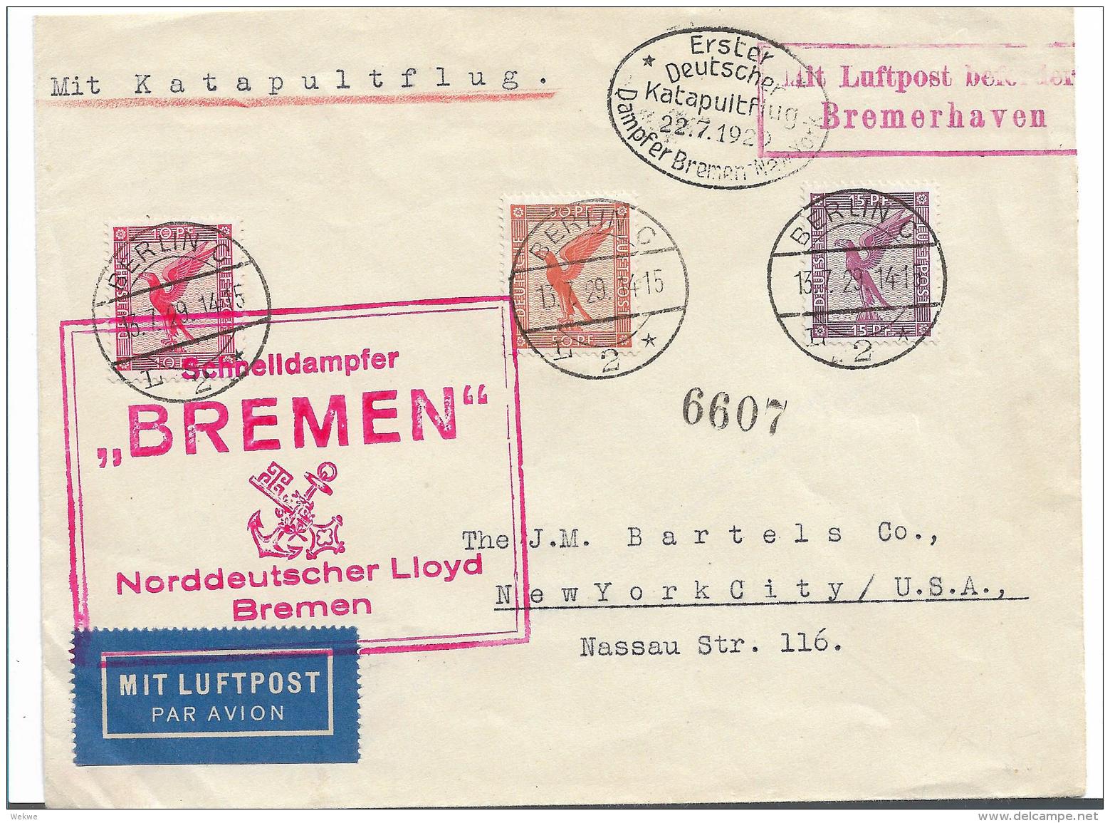 W-L015 / DEUTSCHES REICH -  Erster  Deutscher Katapultflug 22.7.1929 Sowie Schnelldampfer Bremen. Berlin Nach New York - Briefe U. Dokumente