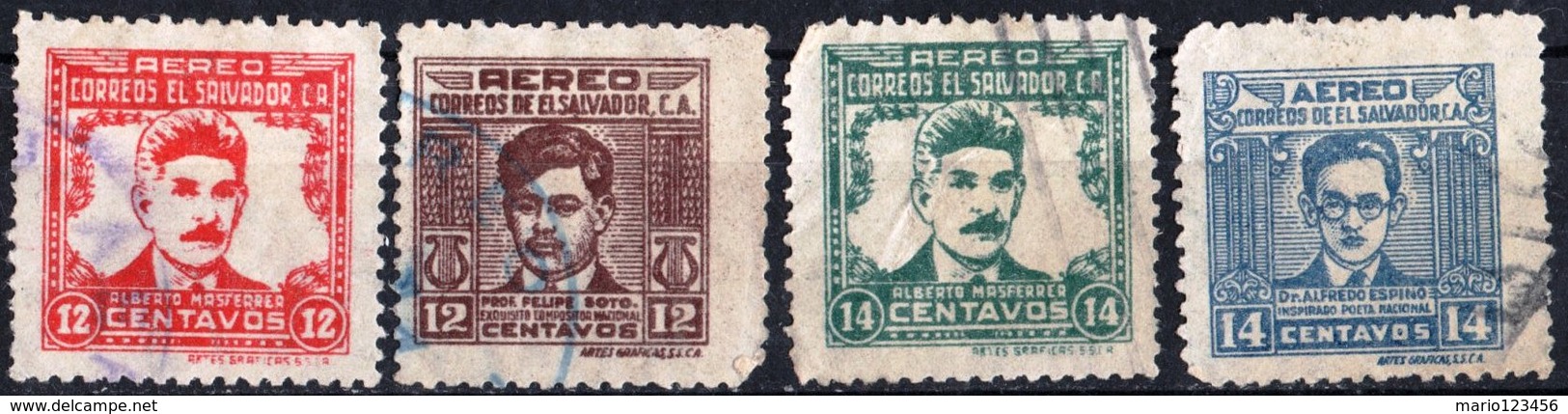 EL SALVADOR, POSTA AEREA, AIRMAIL, COMMEMORATIVI, 1946-1947, FRANCOBOLLI USATI,  Scott C102,C103,C106,C107 - El Salvador