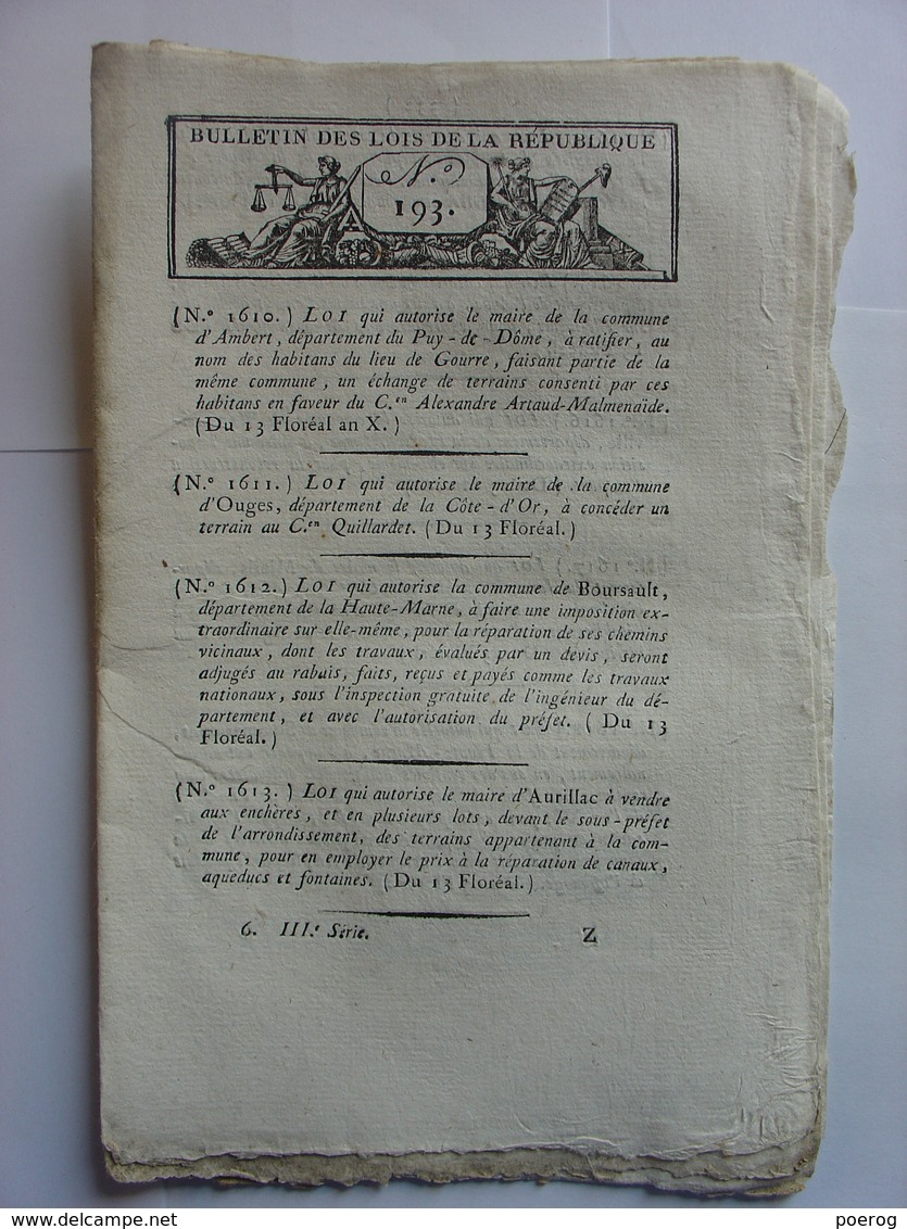 BULLETIN DE LOIS GERMINAL MAI 1802 - CORSE GOLO LIAMONE - OSTENDE BELGIQUE CHENAL PORT - POLDERS ESCAUT - TRAITE DE PAIX - Decrees & Laws