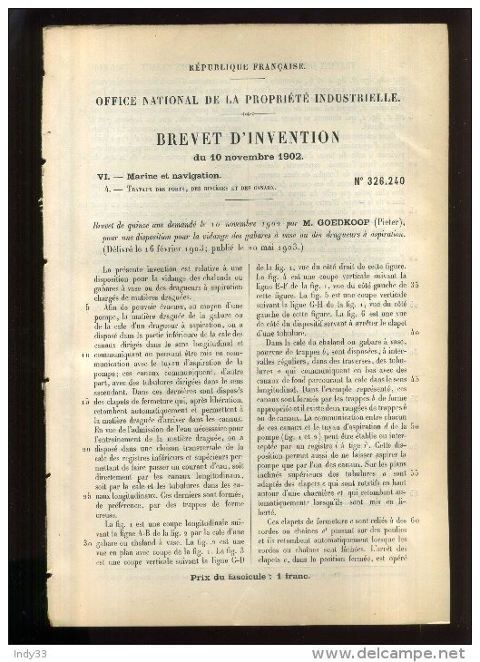 - MARINE ET NAVIGATION . VIDANGE DES GABARES . BREVET D'INVENTION DE 1902 . - Tecnica & Strumenti Nautici