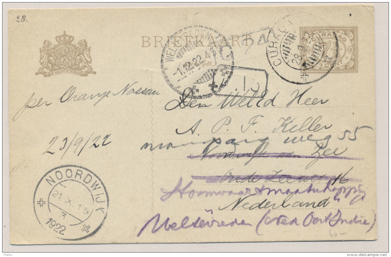 Curacao - 1922 - 7,5c Cijfer, Briefkaart G26 Met Vroege Datum Van Curacao Naar Noordwijke En Door Naar Weltevreden / NI - Curaçao, Nederlandse Antillen, Aruba