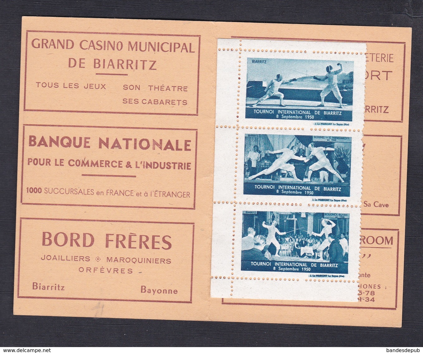 Erinnophilie Vignette Tournoi International D' épée De Biarritz 1950 Carnet Avec Trois Vignettes - Sports
