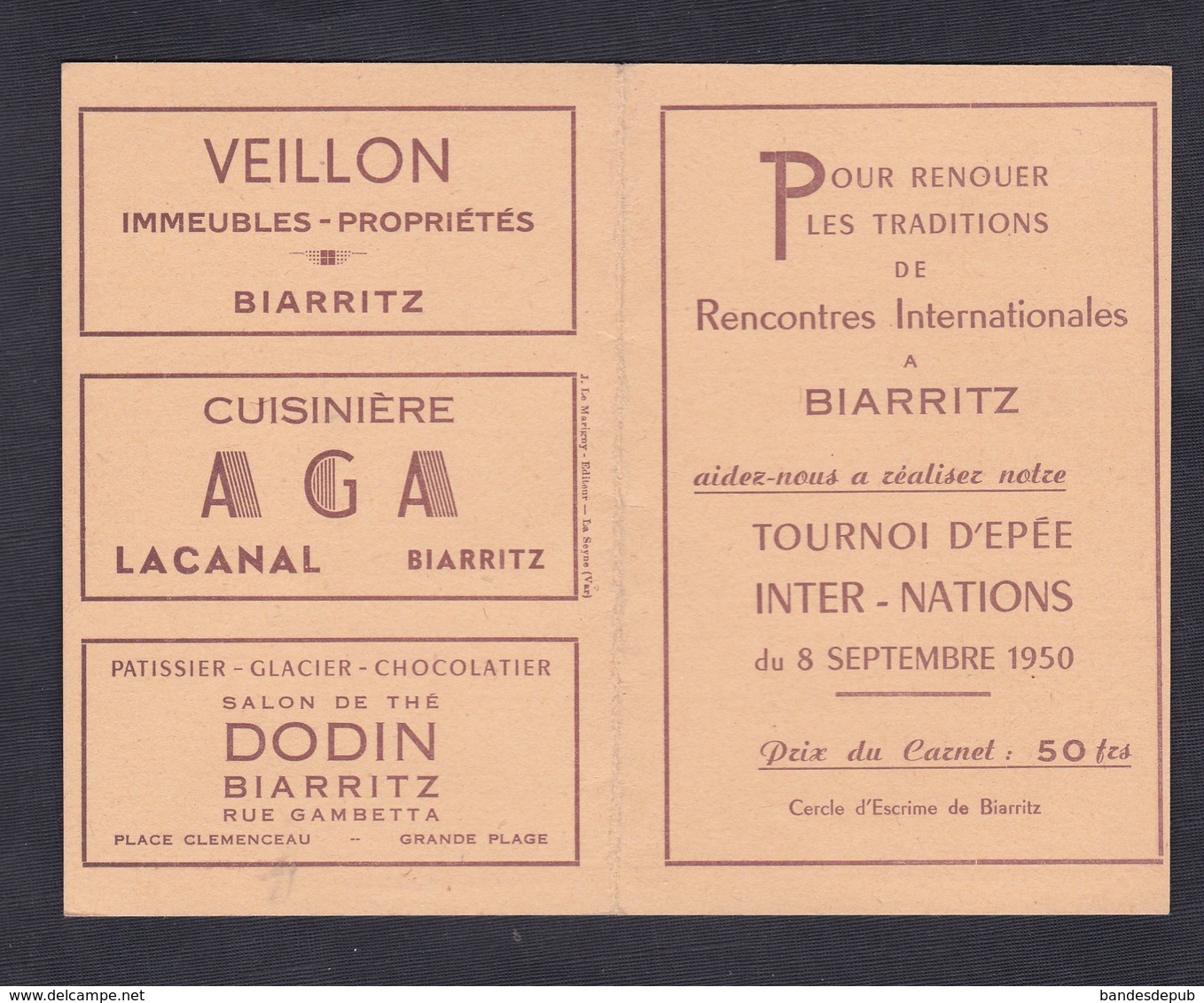 Erinnophilie Vignette Tournoi International D' épée De Biarritz 1950 Carnet Avec Trois Vignettes - Sports