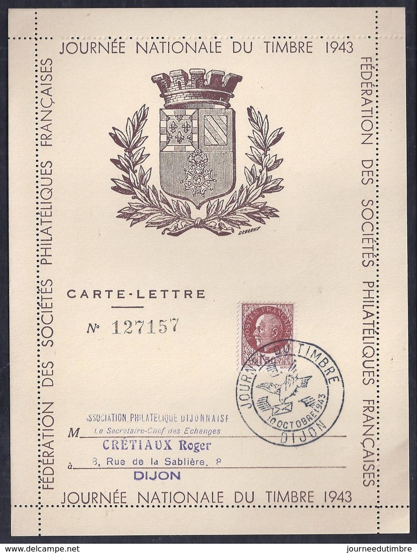 Carte Lettre Locale Journee Du Timbre 1943  Petain Dijon - Lettres & Documents