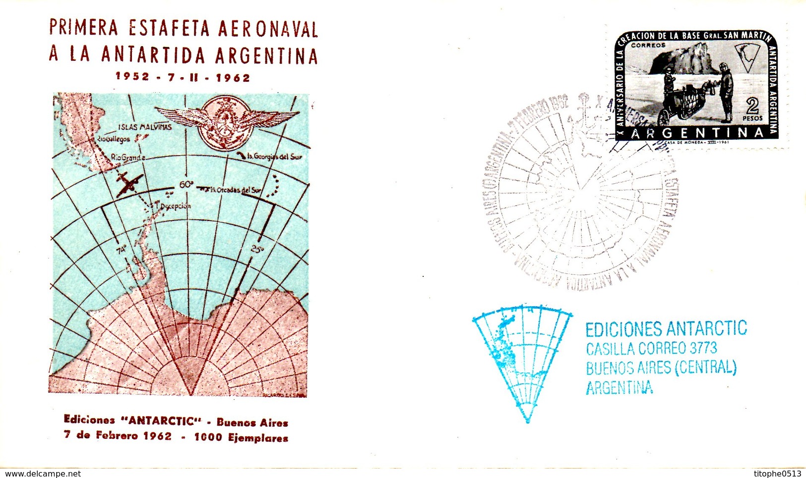 ARGENTINE. Enveloppe Commémorative De 1962. 10 Ans Du Premier  Vol En Antarctique Argentin - Vols Polaires