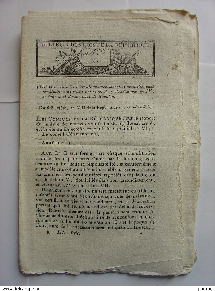 BULLETIN DES LOIS De PLUVIOSE AN VIII (1800) - BELGIQUE PAYS DE BOUILLON - RAPPORT ACCEPTATION DE LA CONSTITUTION - Decrees & Laws