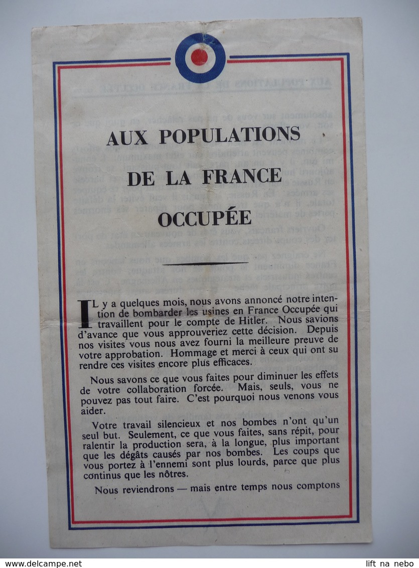 WWII WW2 Tract Flugblatt Propaganda Leaflet In French, PWE F Series/1942, F.8, AUX POPULATIONS DE LA FRANCE OCCUPÉE - Non Classés