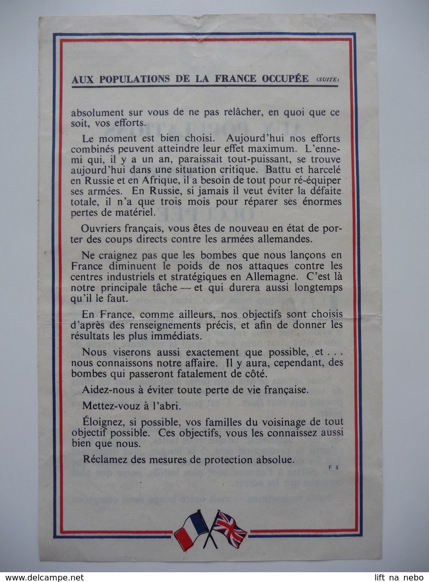 WWII WW2 Tract Flugblatt Propaganda Leaflet In French, PWE F Series/1942, F.8, AUX POPULATIONS DE LA FRANCE OCCUPÉE - Non Classés